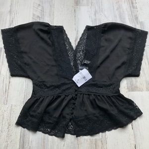 NWT Black satin and lace blouse
